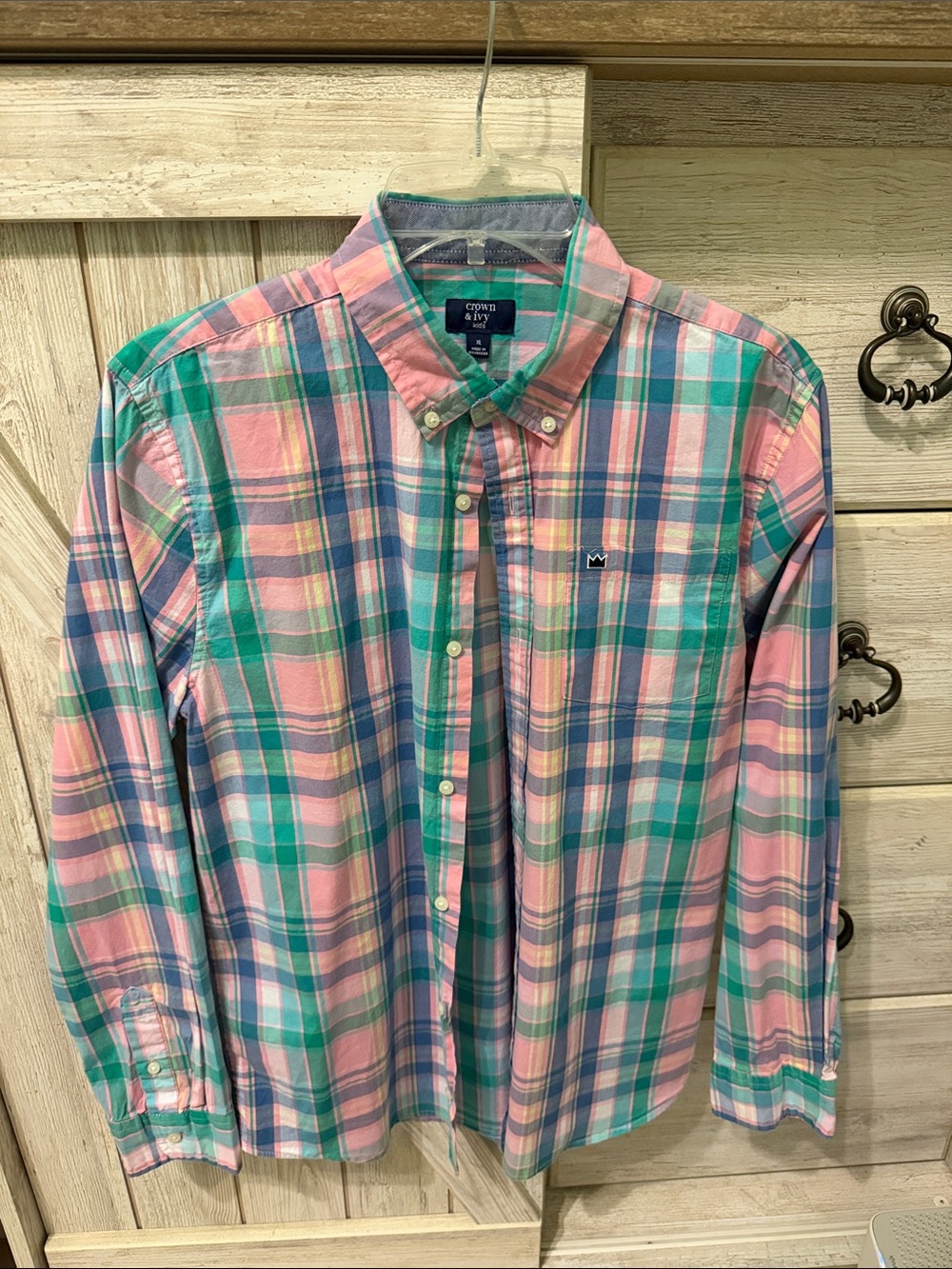 crown & ivy Pink and Teal Plaid Button-Down Shirt